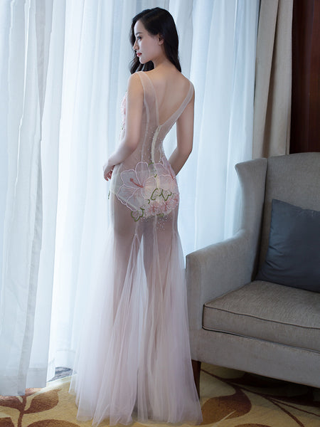 Sexy See Through Lace Mesh Sleeveless Low Cut Embroidered Floral Clubbing Party Gown Dress