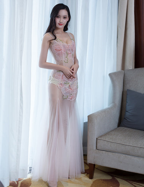 Sexy See Through Lace Mesh Sleeveless Low Cut Embroidered Floral Clubbing Party Gown Dress