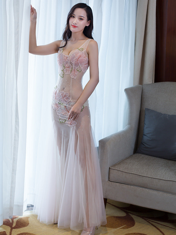 Sexy See Through Lace Mesh Sleeveless Low Cut Embroidered Floral Clubbing Party Gown Dress