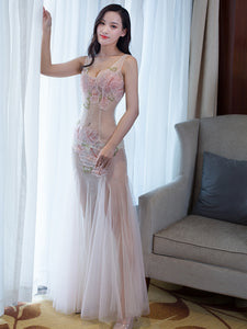 Sexy See Through Lace Mesh Sleeveless Low Cut Embroidered Floral Clubbing Party Gown Dress