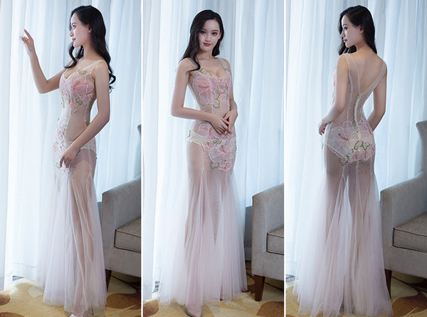 Sexy See Through Lace Mesh Sleeveless Low Cut Embroidered Floral Clubbing Party Gown Dress