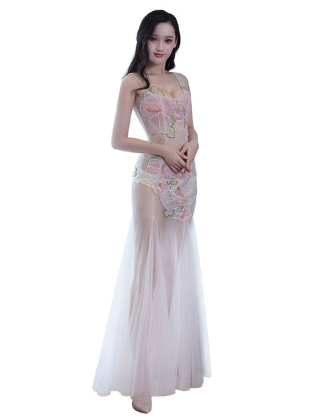 Sexy See Through Lace Mesh Sleeveless Low Cut Embroidered Floral Clubbing Party Gown Dress