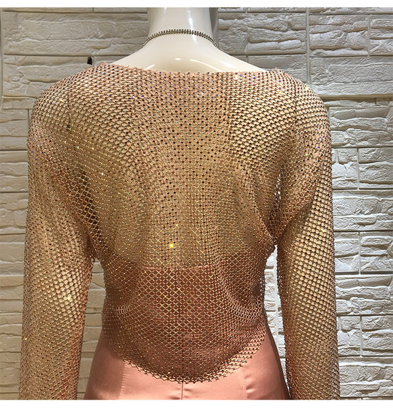 Sexy Women Bling Rhinestone Buckle Blink Tops Mesh Halter V Neck Satin Two Piece Dress