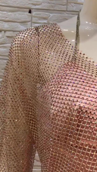 Sexy Women Bling Rhinestone Buckle Blink Tops Mesh Halter V Neck Satin Two Piece Dress