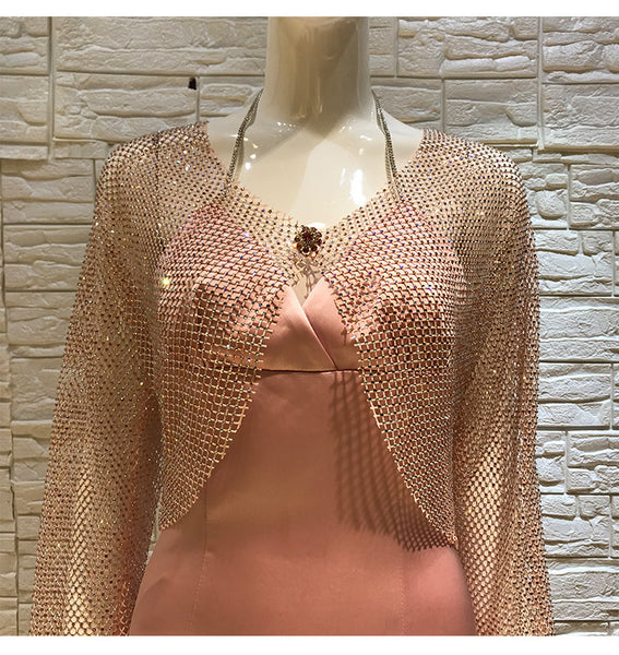 Sexy Women Bling Rhinestone Buckle Blink Tops Mesh Halter V Neck Satin Two Piece Dress