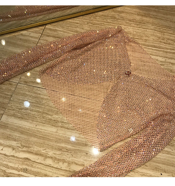 Sexy Women Bling Rhinestone Buckle Blink Tops Mesh Halter V Neck Satin Two Piece Dress