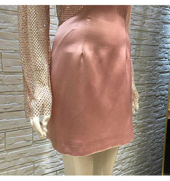 Sexy Women Bling Rhinestone Buckle Blink Tops Mesh Halter V Neck Satin Two Piece Dress
