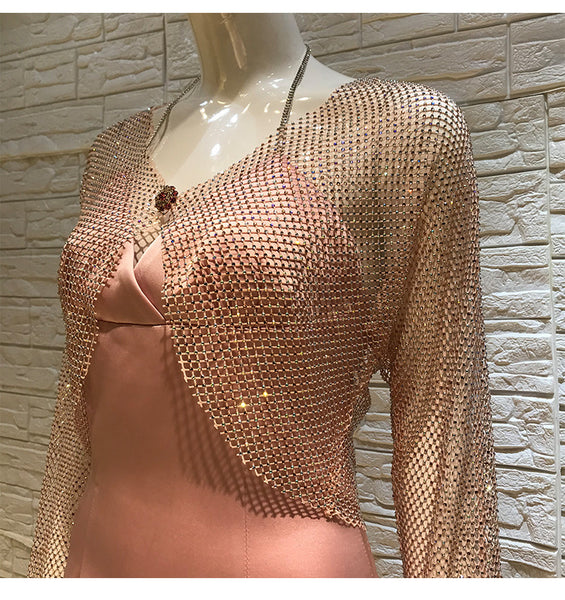 Sexy Women Bling Rhinestone Buckle Blink Tops Mesh Halter V Neck Satin Two Piece Dress