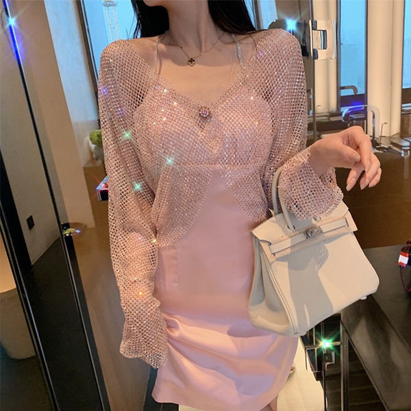 Sexy Women Bling Rhinestone Buckle Blink Tops Mesh Halter V Neck Satin Two Piece Dress