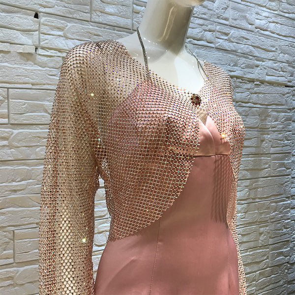 Sexy Women Bling Rhinestone Buckle Blink Tops Mesh Halter V Neck Satin Two Piece Dress