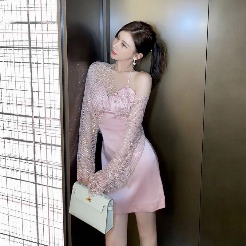 Sexy Women Bling Rhinestone Buckle Blink Tops Mesh Halter V Neck Satin Two Piece Dress