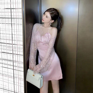 Sexy Women Bling Rhinestone Buckle Blink Tops Mesh Halter V Neck Satin Two Piece Dress