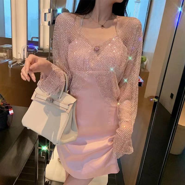Sexy Women Bling Rhinestone Buckle Blink Tops Mesh Halter V Neck Satin Two Piece Dress