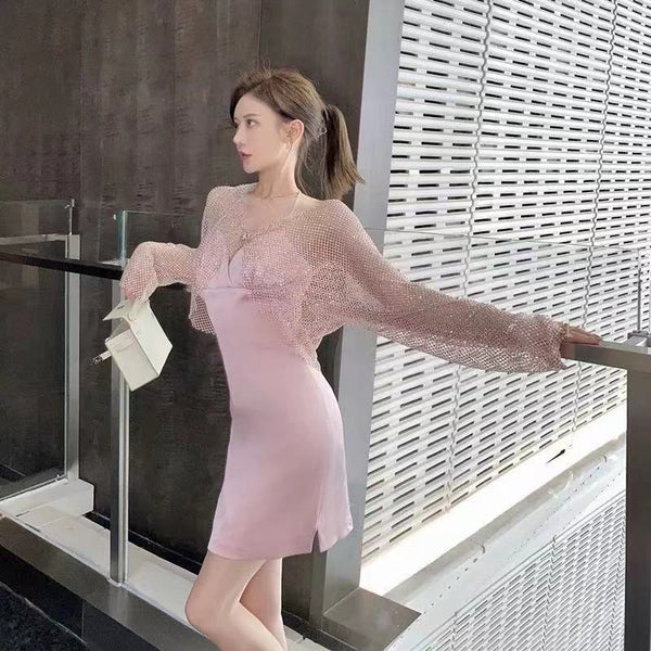 Sexy Women Bling Rhinestone Buckle Blink Tops Mesh Halter V Neck Satin Two Piece Dress