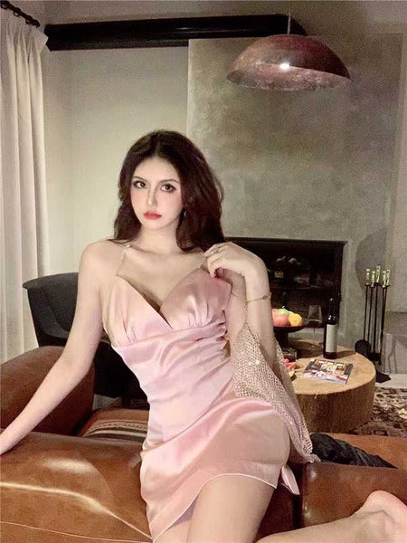 Sexy Women Bling Rhinestone Buckle Blink Tops Mesh Halter V Neck Satin Two Piece Dress
