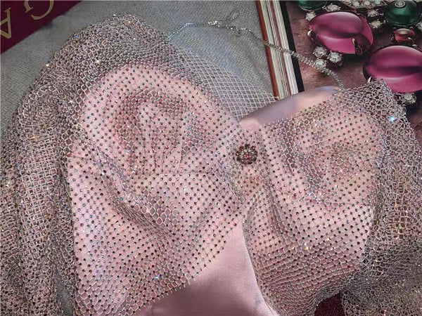Sexy Women Bling Rhinestone Buckle Blink Tops Mesh Halter V Neck Satin Two Piece Dress