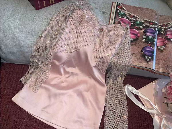 Sexy Women Bling Rhinestone Buckle Blink Tops Mesh Halter V Neck Satin Two Piece Dress