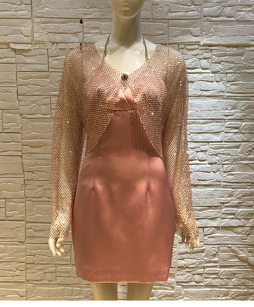 Sexy Women Bling Rhinestone Buckle Blink Tops Mesh Halter V Neck Satin Two Piece Dress