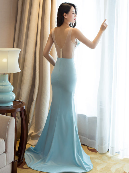 Sexy See Through Deep V Embroidery Floral Diamonds Lace Backless Side Split Clubbing Dress