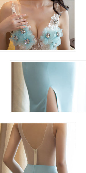 Sexy See Through Deep V Embroidery Floral Diamonds Lace Backless Side Split Clubbing Dress
