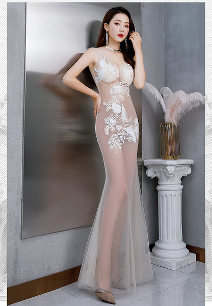 NightClub Sexy See Through 3D Draping Design Mesh Embroidery Floral Evening Long Dress