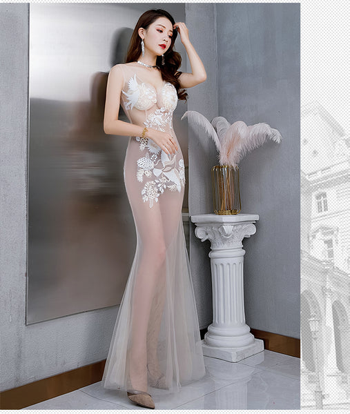 NightClub Sexy See Through 3D Draping Design Mesh Embroidery Floral Evening Long Dress