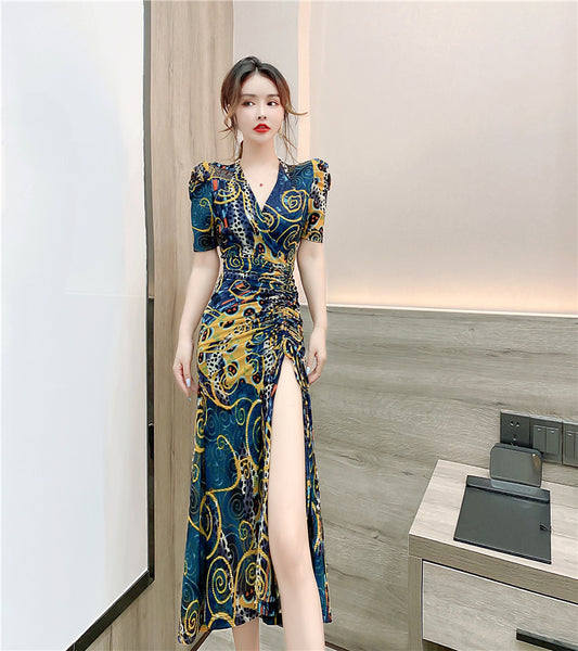 Temperament Lady Fashion Floral Sexy Deep V Neck Short Sleeves Open Side Fork Split Dress