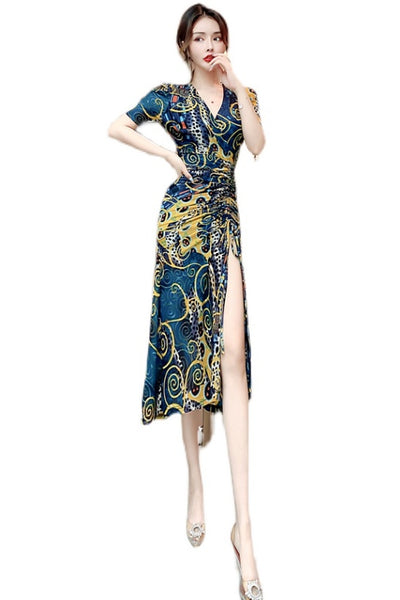 Temperament Lady Fashion Floral Sexy Deep V Neck Short Sleeves Open Side Fork Split Dress