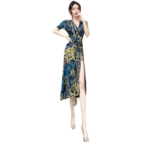 Temperament Lady Fashion Floral Sexy Deep V Neck Short Sleeves Open Side Fork Split Dress