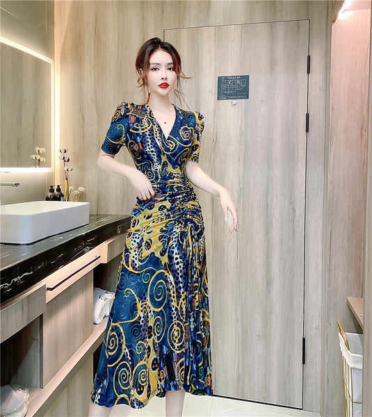 Temperament Lady Fashion Floral Sexy Deep V Neck Short Sleeves Open Side Fork Split Dress