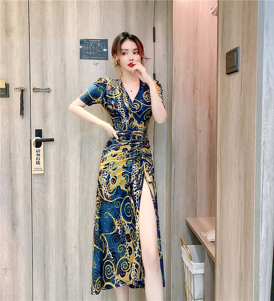 Temperament Lady Fashion Floral Sexy Deep V Neck Short Sleeves Open Side Fork Split Dress