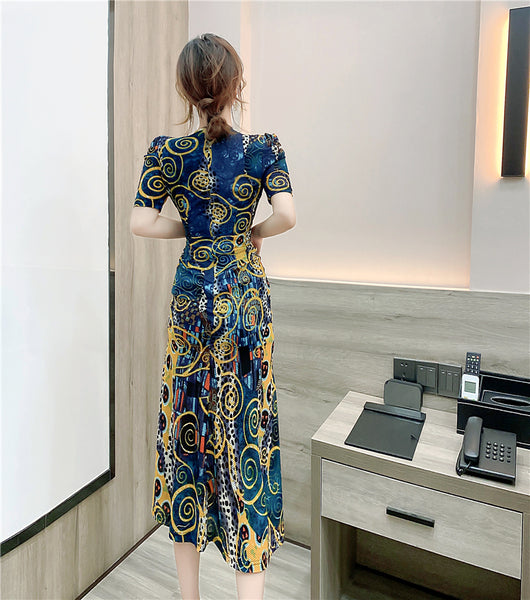 Temperament Lady Fashion Floral Sexy Deep V Neck Short Sleeves Open Side Fork Split Dress