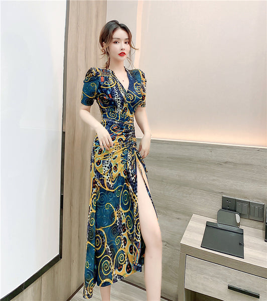 Temperament Lady Fashion Floral Sexy Deep V Neck Short Sleeves Open Side Fork Split Dress