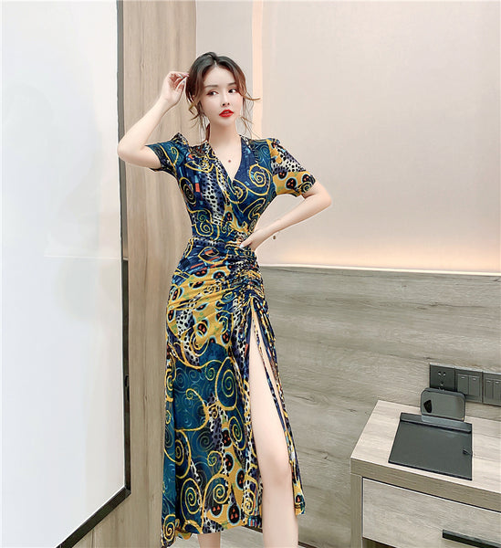 Temperament Lady Fashion Floral Sexy Deep V Neck Short Sleeves Open Side Fork Split Dress