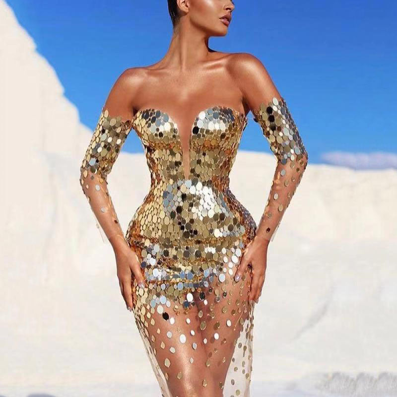 Sexy Sparkly Women Off Shoulder Bodycon Midi Sequin Long Cocktail Evening Clubwear A Line Dress