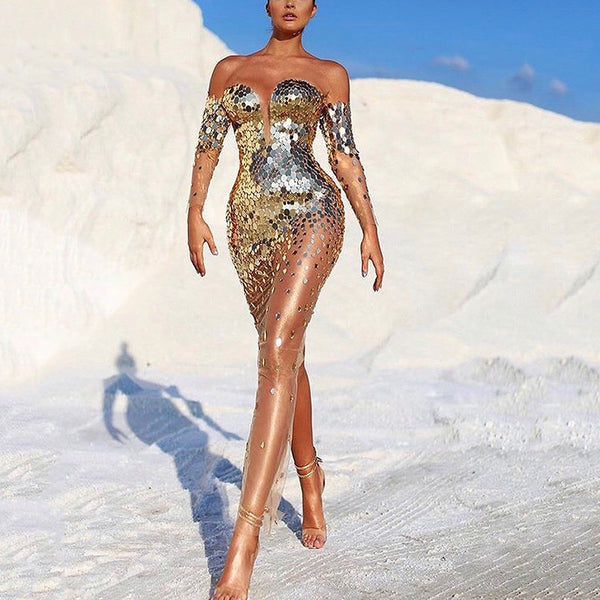 Sexy Sparkly Women Off Shoulder Bodycon Midi Sequin Long Cocktail Evening Clubwear A Line Dress