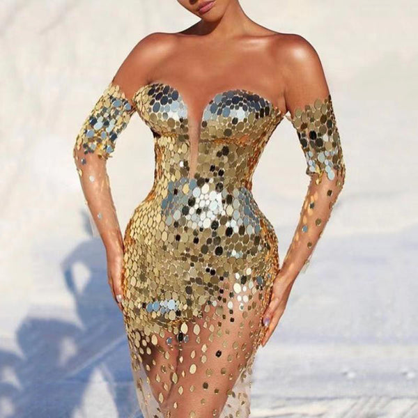 Sexy Sparkly Women Off Shoulder Bodycon Midi Sequin Long Cocktail Evening Clubwear A Line Dress