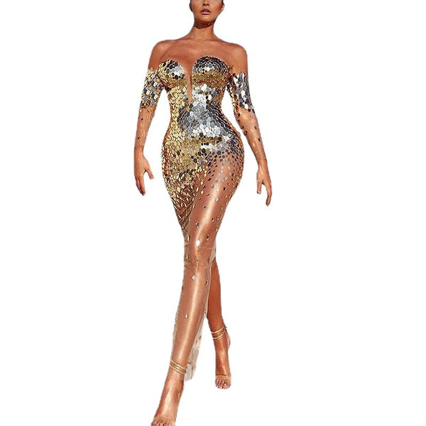 Sexy Sparkly Women Off Shoulder Bodycon Midi Sequin Long Cocktail Evening Clubwear A Line Dress