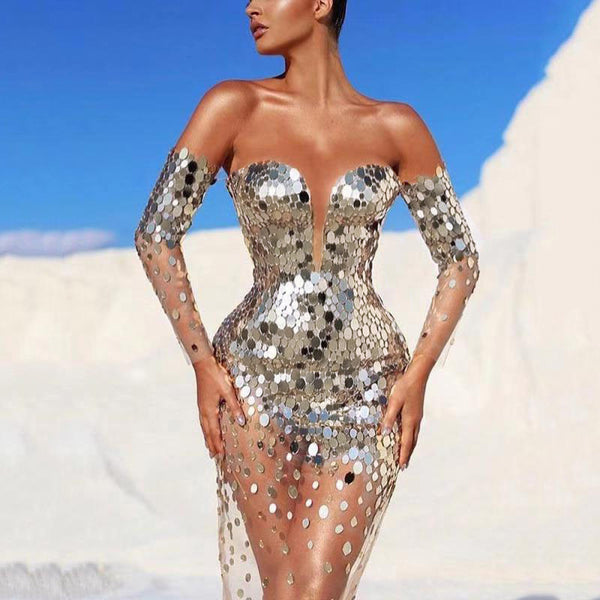 Sexy Sparkly Women Off Shoulder Bodycon Midi Sequin Long Cocktail Evening Clubwear A Line Dress