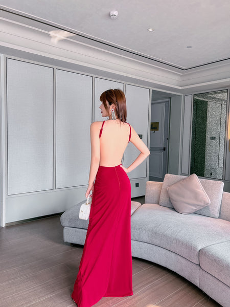 Beauty Women Sexy Halter Neck Backless Front Hollow Side Cut Out Waist Split Thigh Long Dress