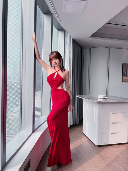 Beauty Women Sexy Halter Neck Backless Front Hollow Side Cut Out Waist Split Thigh Long Dress