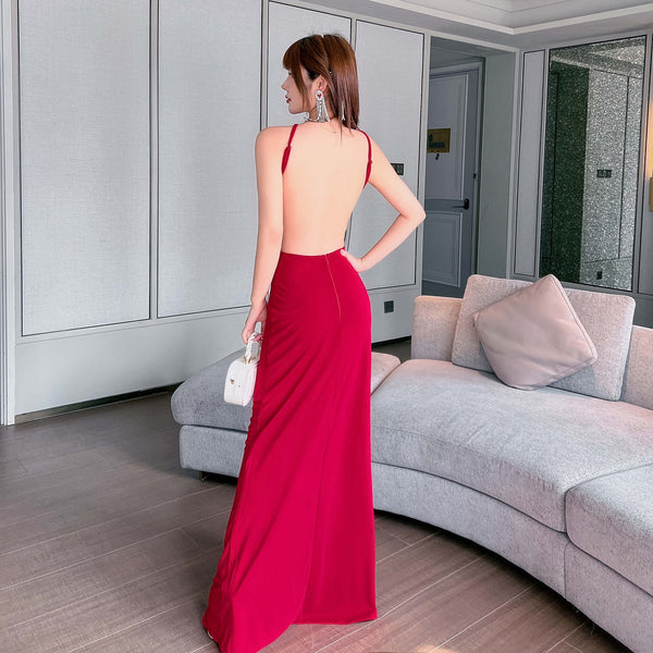 Beauty Women Sexy Halter Neck Backless Front Hollow Side Cut Out Waist Split Thigh Long Dress