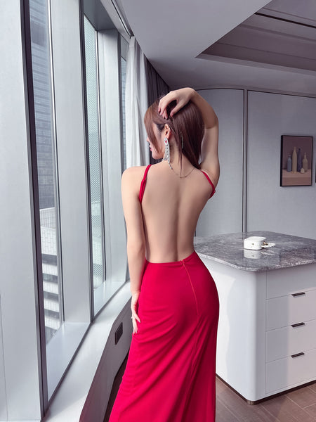 Beauty Women Sexy Halter Neck Backless Front Hollow Side Cut Out Waist Split Thigh Long Dress