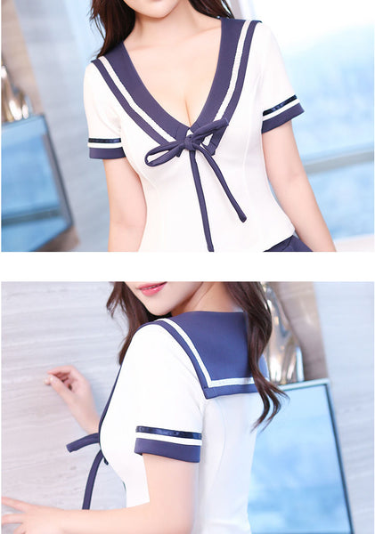 Sexy Women Fashion Deep V Bow Cosplay Sailor Student Uniform Pleated Short Skirt Dress