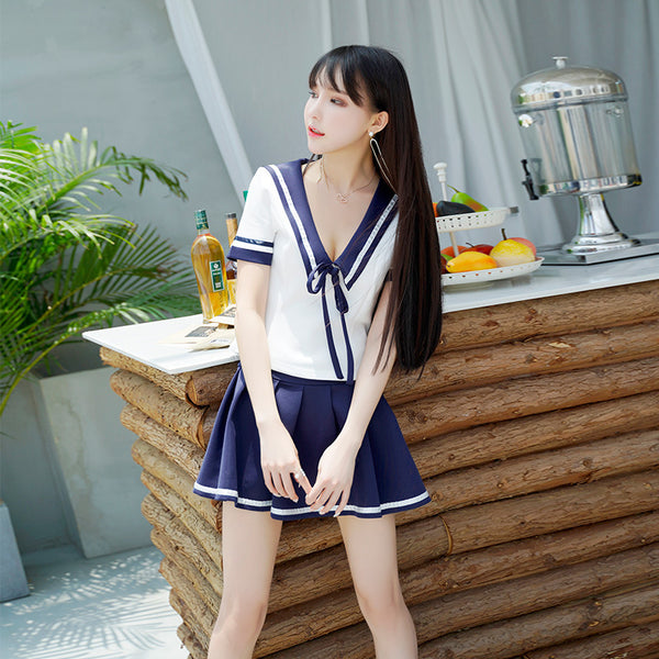 Sexy Women Fashion Deep V Bow Cosplay Sailor Student Uniform Pleated Short Skirt Dress