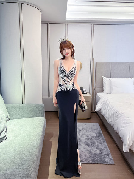 Attractive Women Sleeveless Deep V Embroidered Hand Made Floral Side Split Long Dress