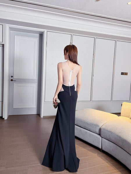 Attractive Women Sleeveless Deep V Embroidered Hand Made Floral Side Split Long Dress