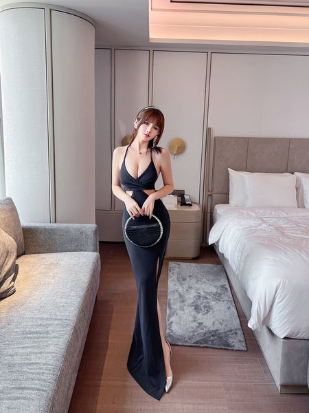 Beauty Women Halter Neck Deep V Sling Spaghetti Straps Side Split Backless Evening Long Dress