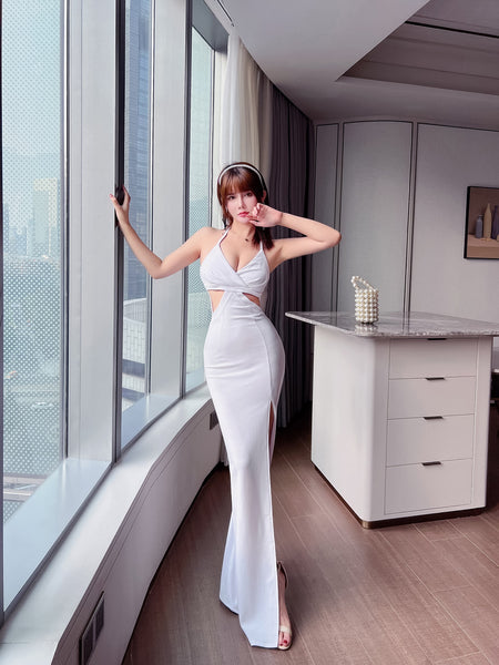 Beauty Women Halter Neck Deep V Sling Spaghetti Straps Side Split Backless Evening Long Dress