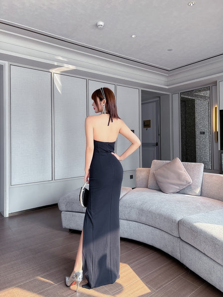 Beauty Women Halter Neck Deep V Sling Spaghetti Straps Side Split Backless Evening Long Dress